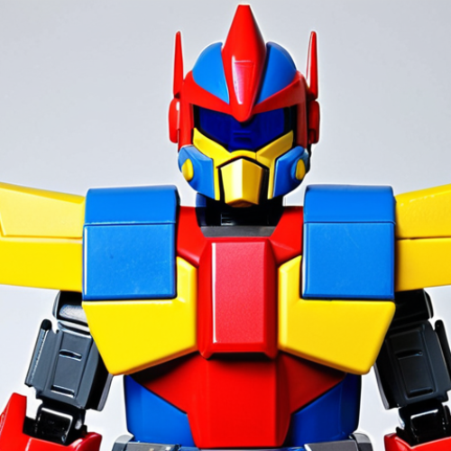Home 13 **Early Megazord Design (80s-90s Era):**
A powerful, retro-styled Megazord from the late 1980s to early 1990s. Its design is characterized by a blocky, angular, and robust form, emphasizing functional beauty and sturdiness reminiscent of heavy construction machinery or fighter jets. The color palette is dominated by bold primary colors (red, blue, yellow) with a glossy plastic finish. The Megazord stands in a simple, strong, and straightforward pose, conveying an intuitive and iconic presence. Focus on the raw, almost toy-like charm and solid craftsmanship.