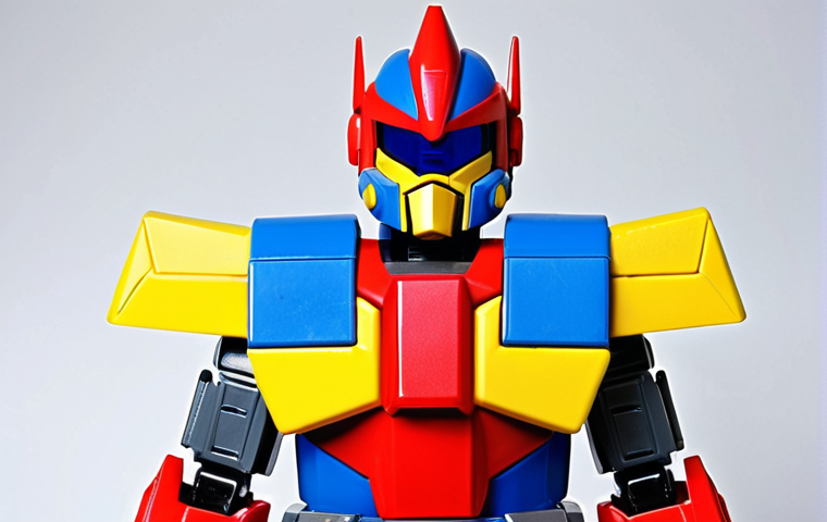 **Early Megazord Design (80s-90s Era):**
A powerful, retro-styled Megazord from the late 1980s to early 1990s. Its design is characterized by a blocky, angular, and robust form, emphasizing functional beauty and sturdiness reminiscent of heavy construction machinery or fighter jets. The color palette is dominated by bold primary colors (red, blue, yellow) with a glossy plastic finish. The Megazord stands in a simple, strong, and straightforward pose, conveying an intuitive and iconic presence. Focus on the raw, almost toy-like charm and solid craftsmanship.