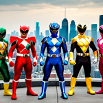 A diverse group of Power Rangers standing heroically, ready for action, with a cityscape backdrop.