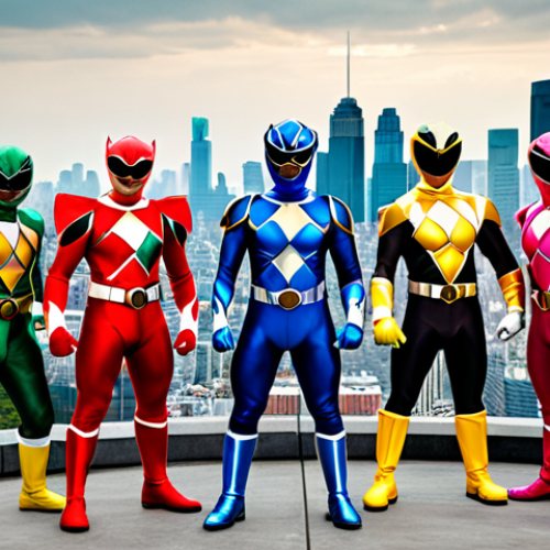 Home 8 A diverse group of Power Rangers standing heroically, ready for action, with a cityscape backdrop.