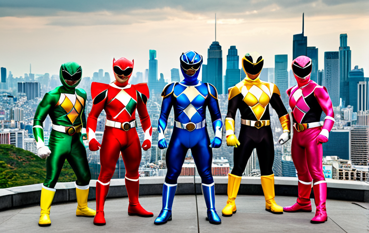 A diverse group of Power Rangers standing heroically, ready for action, with a cityscape backdrop.