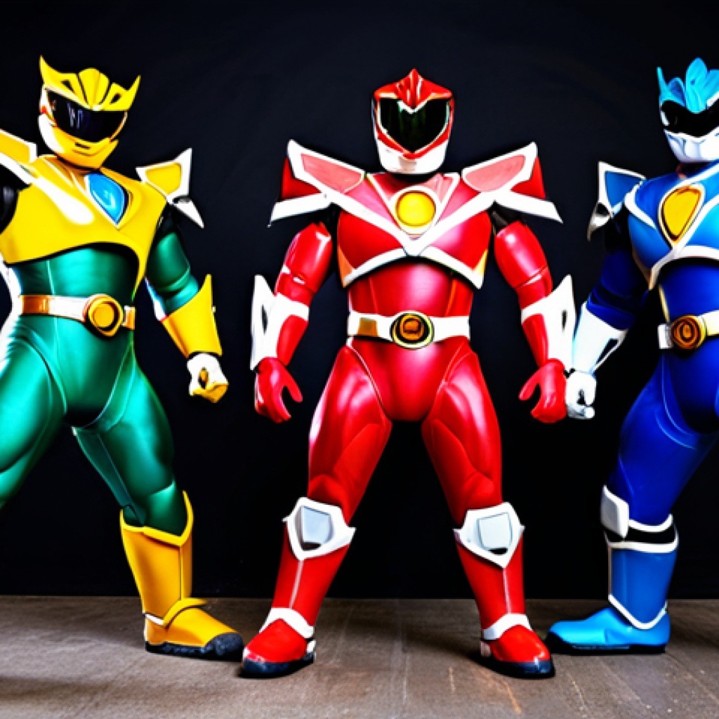 **
"A group of five Power Rangers in vibrant, fully clothed costumes, striking a heroic pose in front of a Megazord (combination robot) inspired by dinosaurs, appropriate attire, safe for work, perfect anatomy, correct proportions, professional, family-friendly, bright and dynamic, good composition"
**