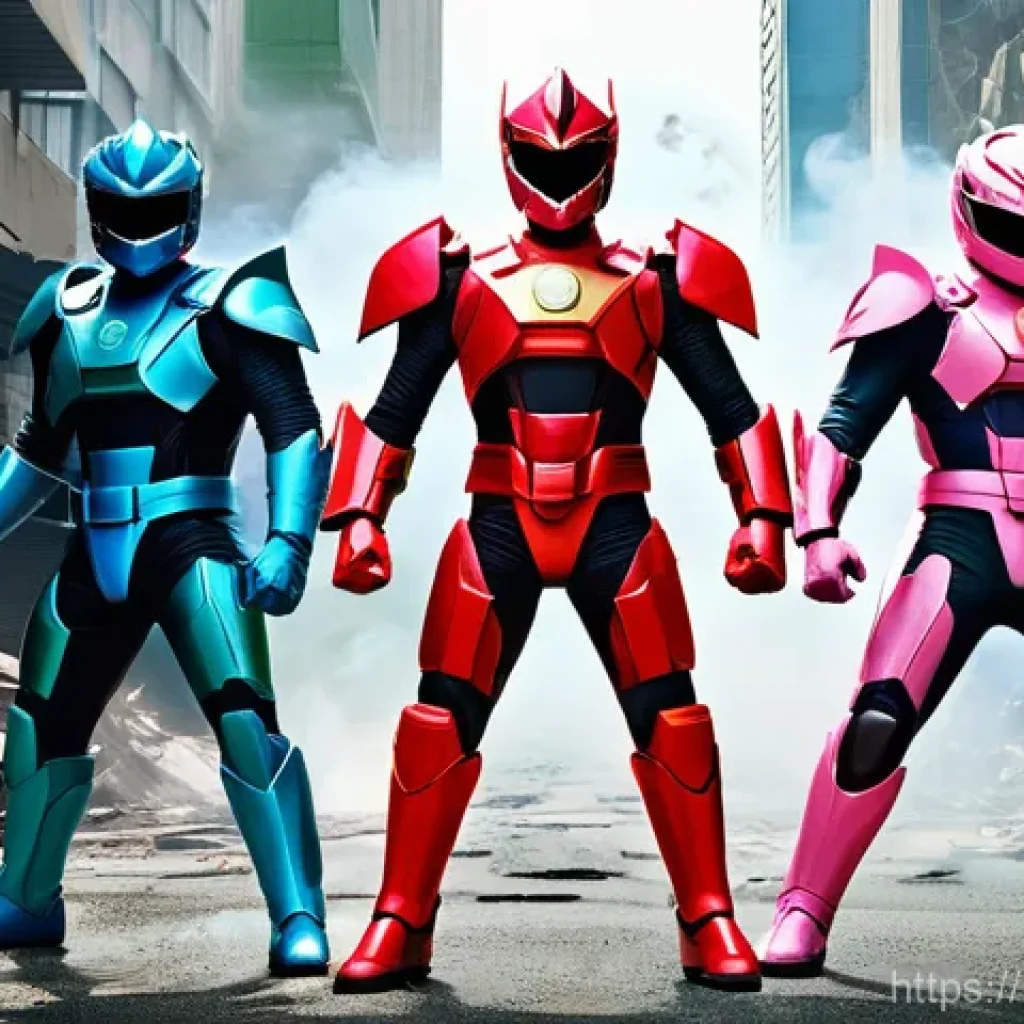파워레인저 만화와 애니메이션 차이 - A group of five diverse superheroes, reminiscent of classic Japanese Super Sentai. They are in full,...