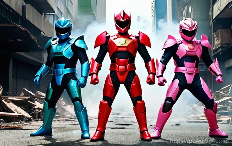 파워레인저 만화와 애니메이션 차이 - A group of five diverse superheroes, reminiscent of classic Japanese Super Sentai. They are in full,...