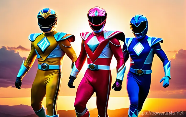 파워레인저 만화와 애니메이션 차이 - A group of five diverse superheroes, reminiscent of classic Japanese Super Sentai. They are in full,...
