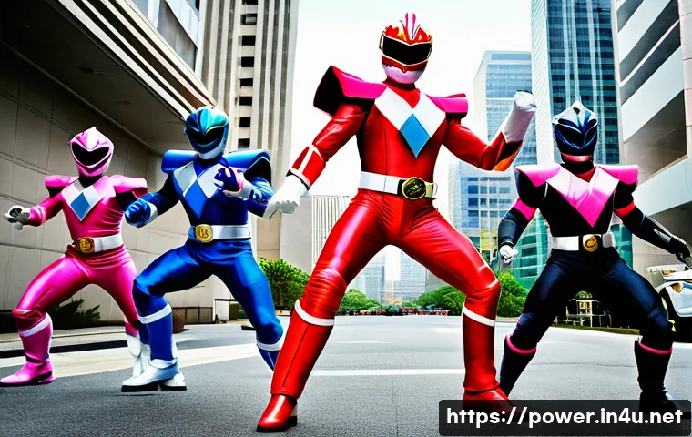 파워레인저 배경 스토리 변화 - **Prompt:** A vibrant and dynamic scene depicting five classic Power Rangers (Red, Blue, Yellow, Pin...