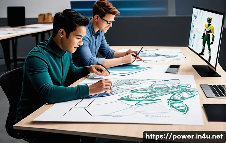 파워레인저 의상 제작 과정 - A highly detailed scene showing the initial design process of a Power Ranger suit: designers analyzi...