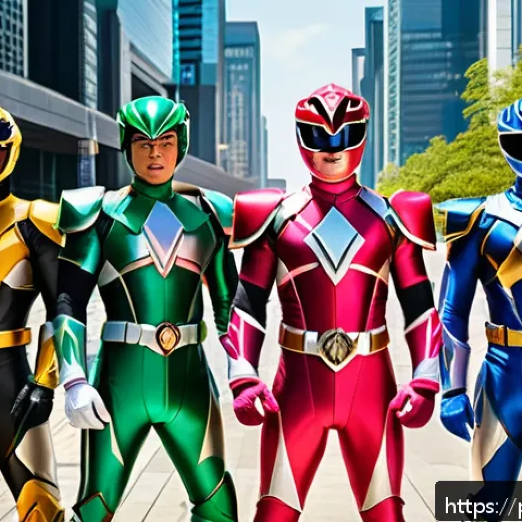 파워레인저 팀워크 주제 - A dynamic team of Power Rangers in vibrant colored suits—Red Ranger as the confident leader standing...