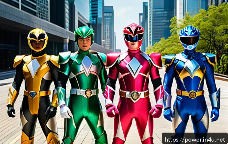 파워레인저 팀워크 주제 - A dynamic team of Power Rangers in vibrant colored suits&mdash;Red Ranger as the confident leader standing...