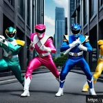 Home 20 파워레인저 인기 비결 - A dynamic action scene featuring five Power Rangers in full colorful suits—red, blue, yellow, black,...