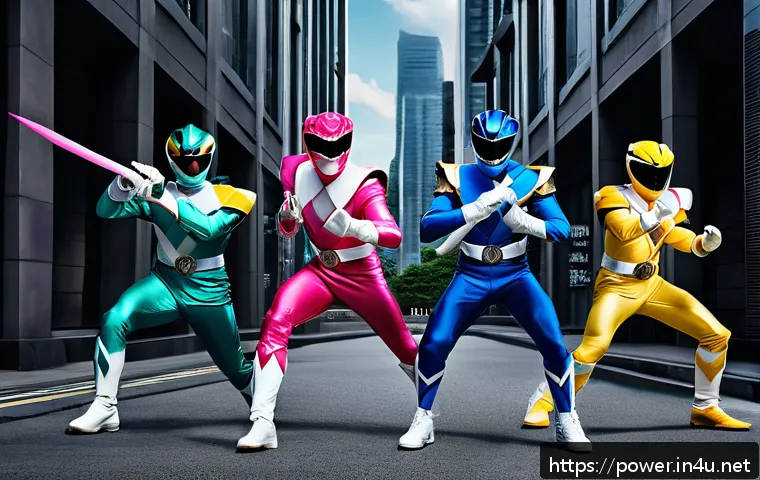 파워레인저 인기 비결 - A dynamic action scene featuring five Power Rangers in full colorful suits&mdash;red, blue, yellow, black,...