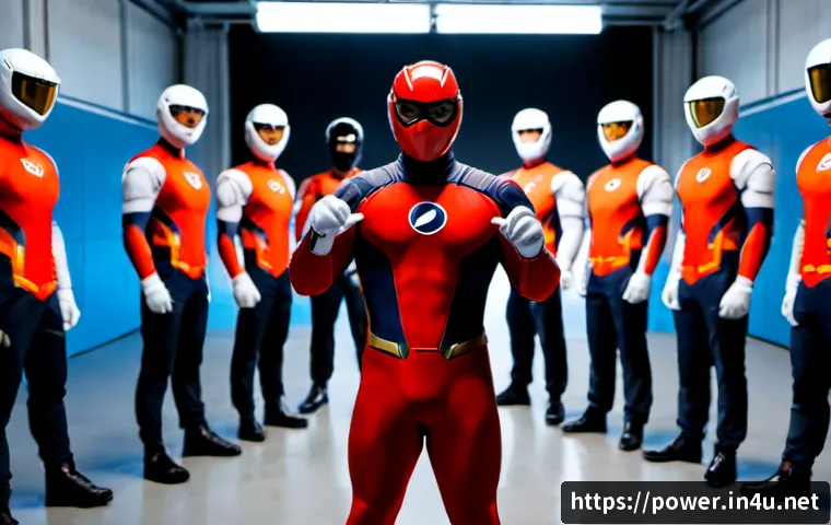 Home 17 파워레인저 레드레인저 역할 분석 - Photorealistic cinematic scene of a confident red-suited masked superhero team leader standing at th...